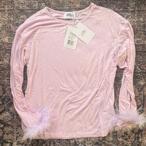 Lola + The Boys Light Pink Feather Cuff Long Sleeve Top